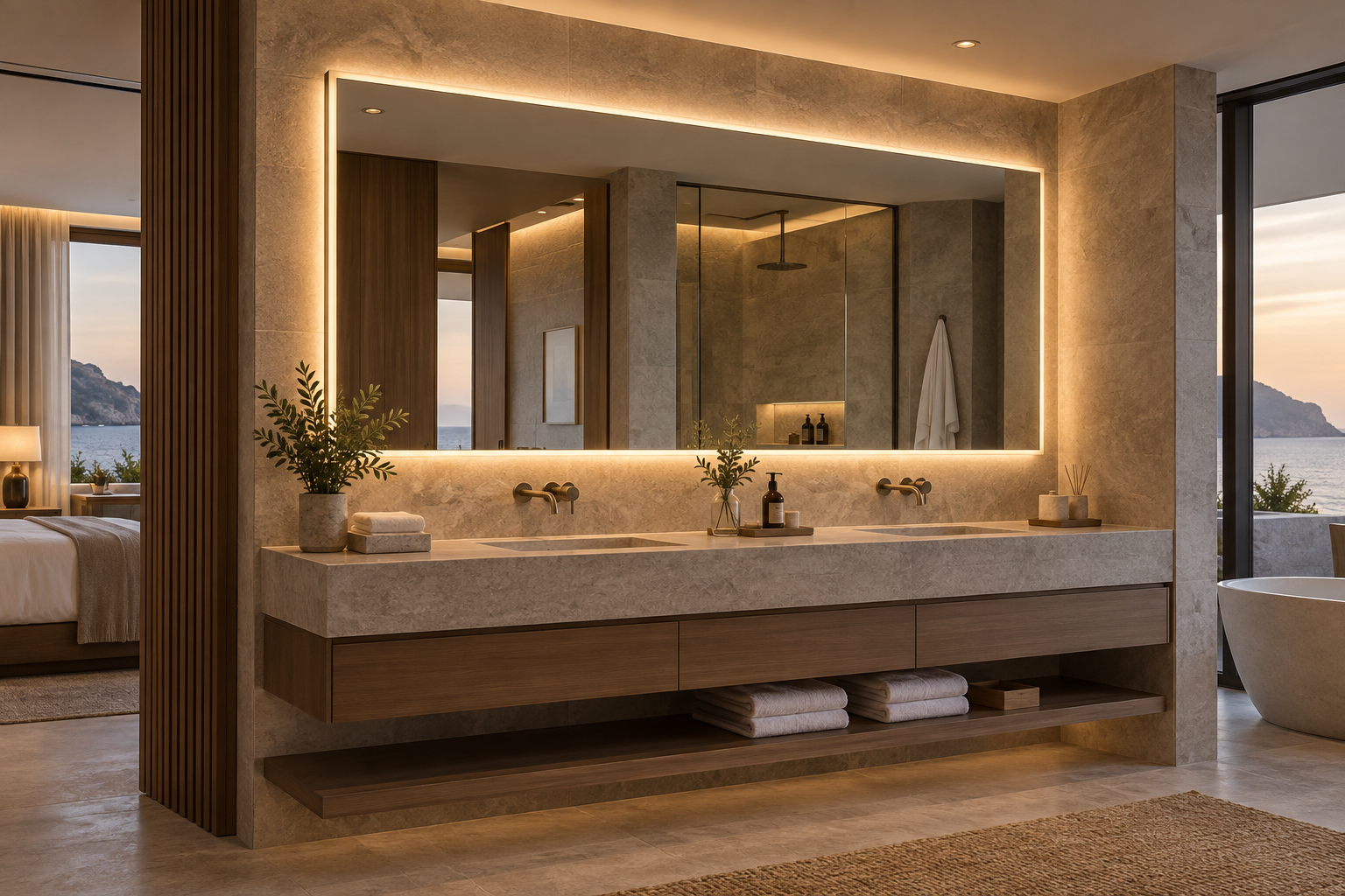 Wide hospitality dimmable LED mirror over a double vanity