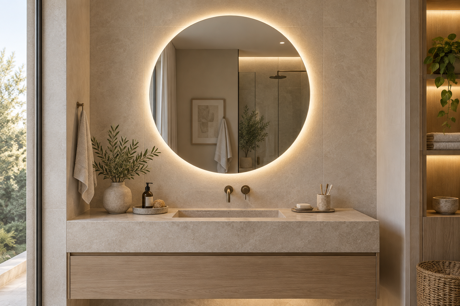 Round dimmable LED mirror above a light stone vanity