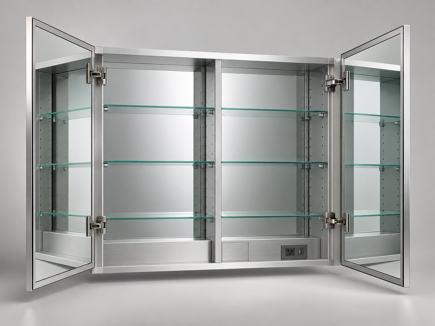 Double-door aluminum medicine cabinet interior configuration illustration with both doors open