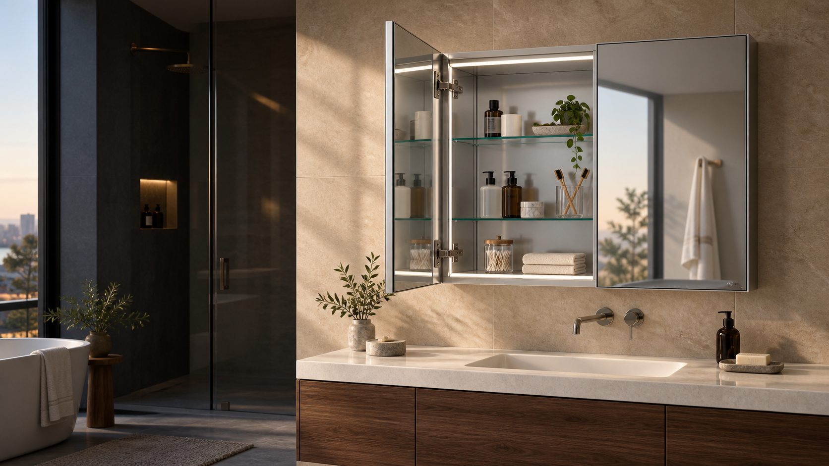 Double-door aluminum mirrored medicine cabinet with one door open