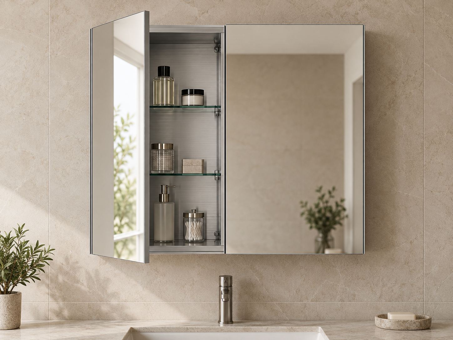 Double-door mirrored medicine cabinet