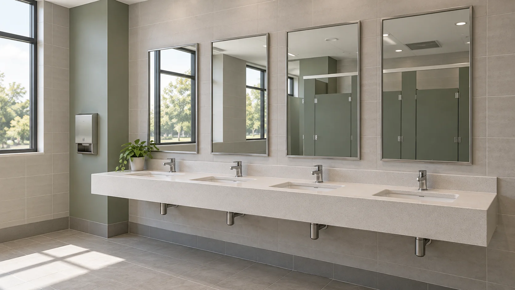 Framed mirrors above basins in a school washroom