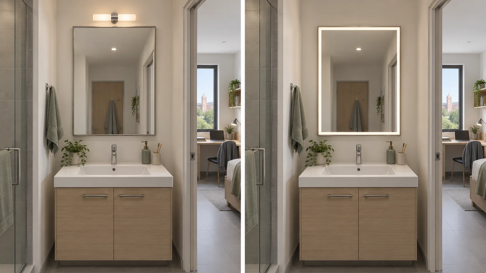 Student ensuite comparison of a non-lighted mirror and a front-lighted mirror in the same room layout