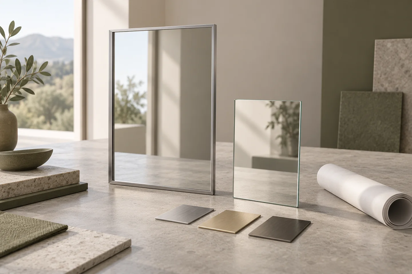 3D concept of framed and frameless mirror samples with finish swatches for a project review