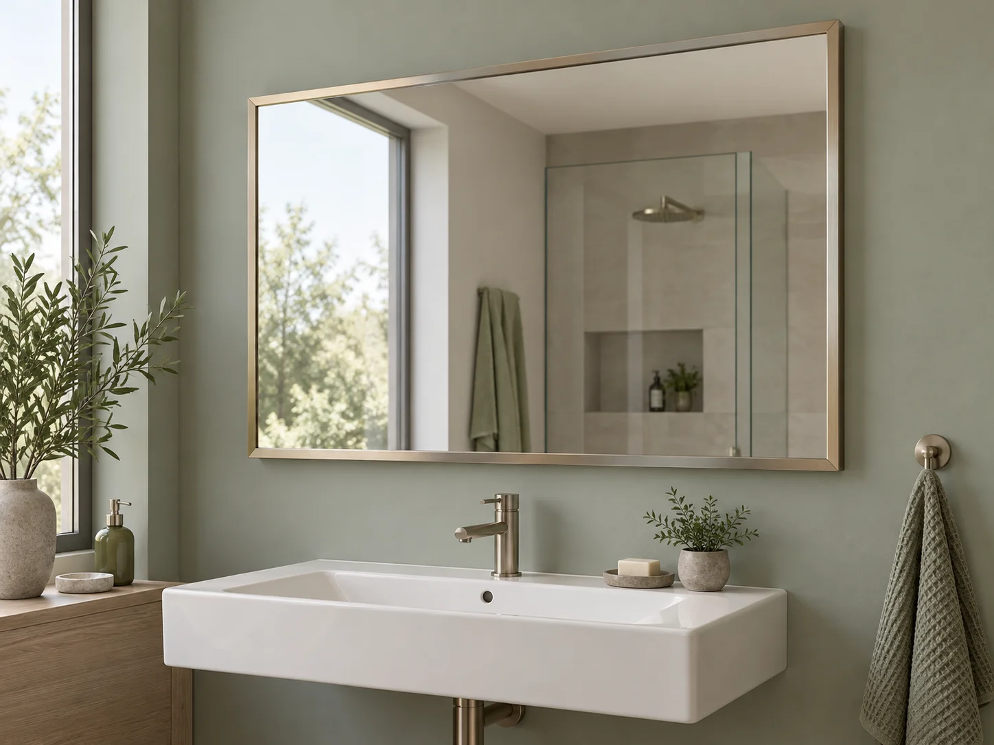 Framed restroom mirror