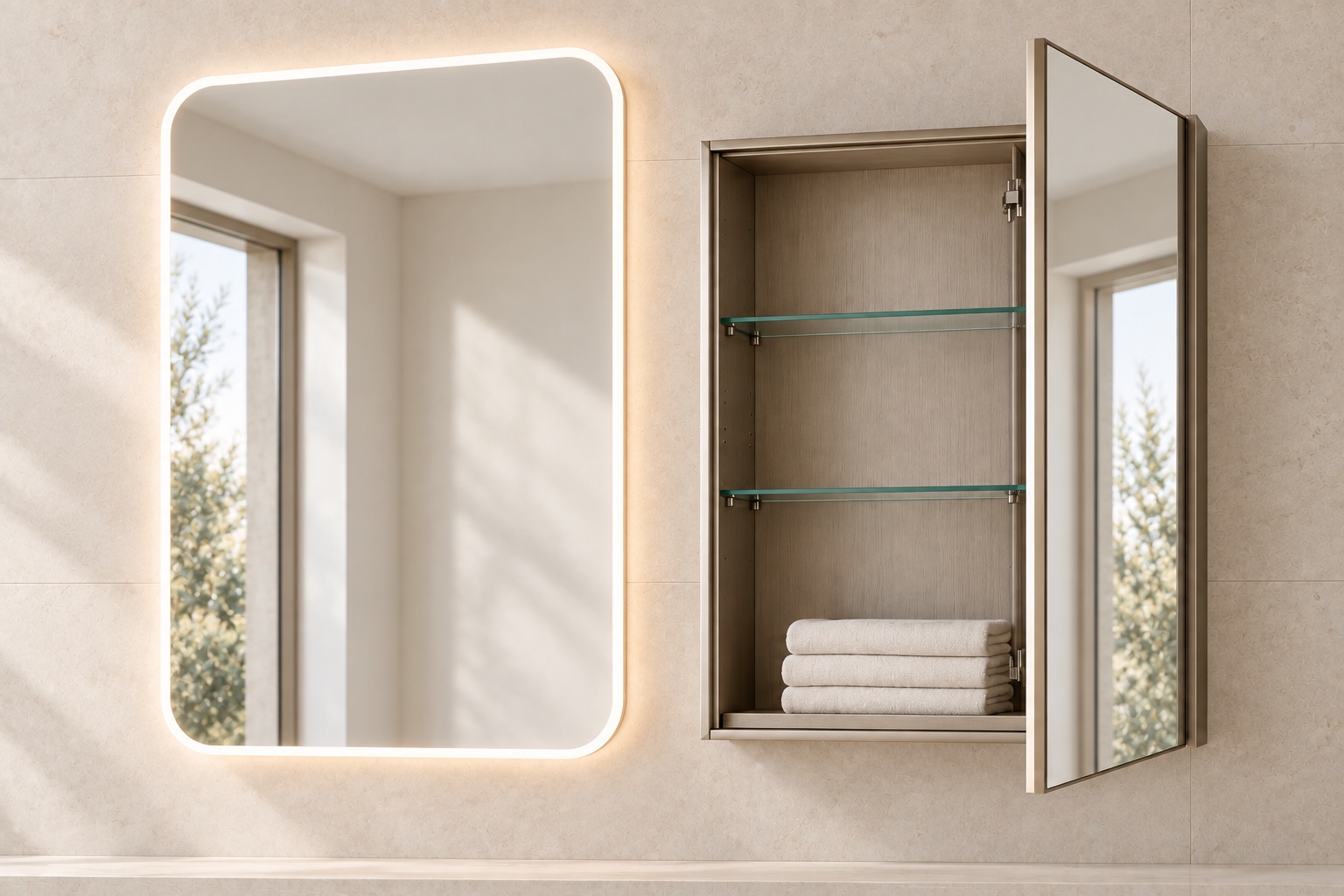Concept visualization showing an LED mirror and the door and shelves of an open mirrored medicine cabinet.