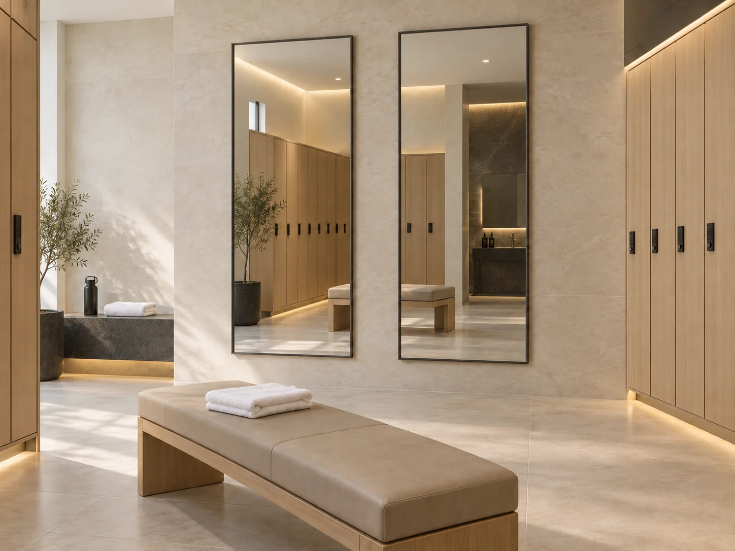 full-length mirrors between fitness changing-room lockers