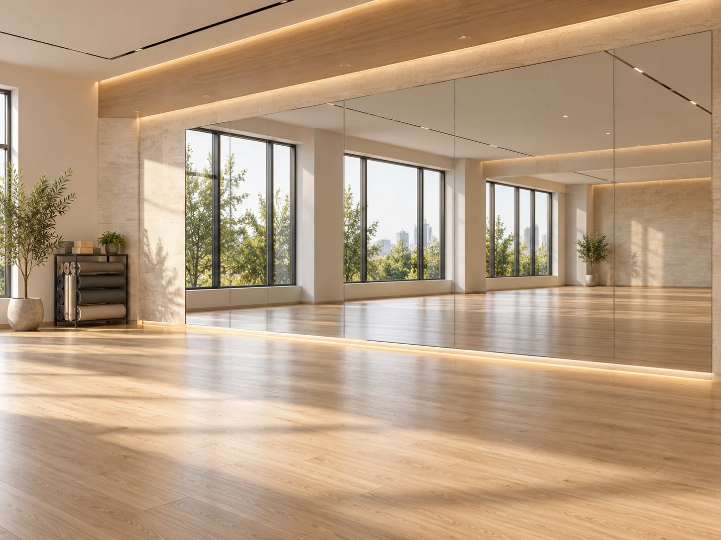 a bright group training studio with a continuous mirror wall