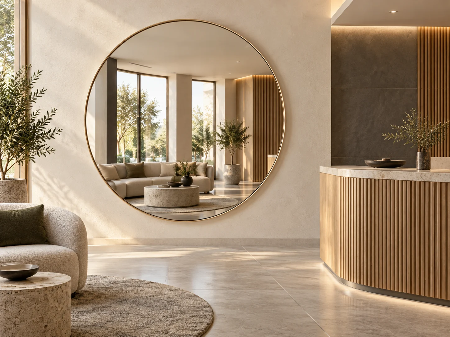 a round framed mirror beside a fitness club reception desk