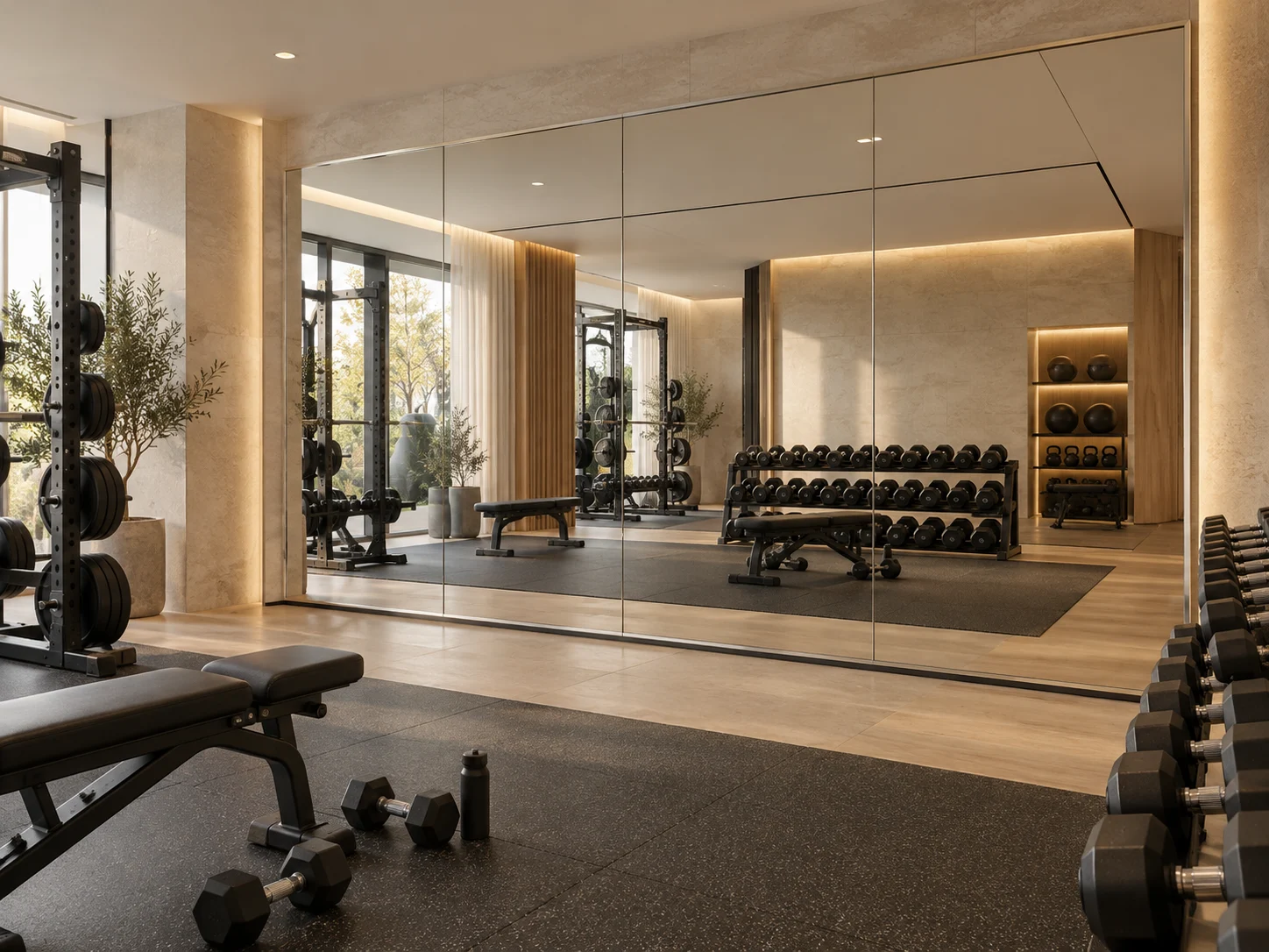 an unobstructed mirror wall in a strength and free-weight gym