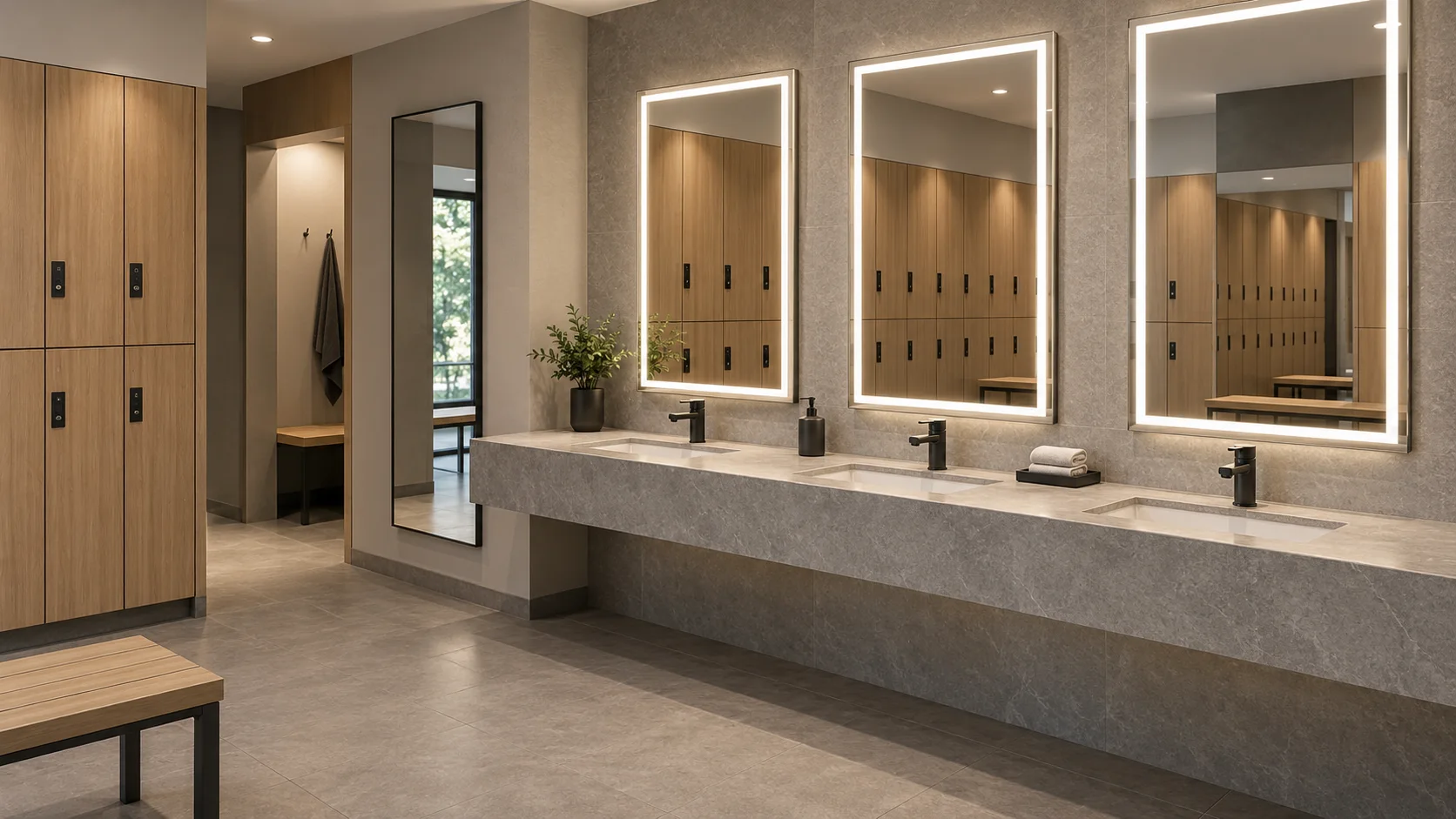 three LED vanity mirrors above a fitness club wash counter