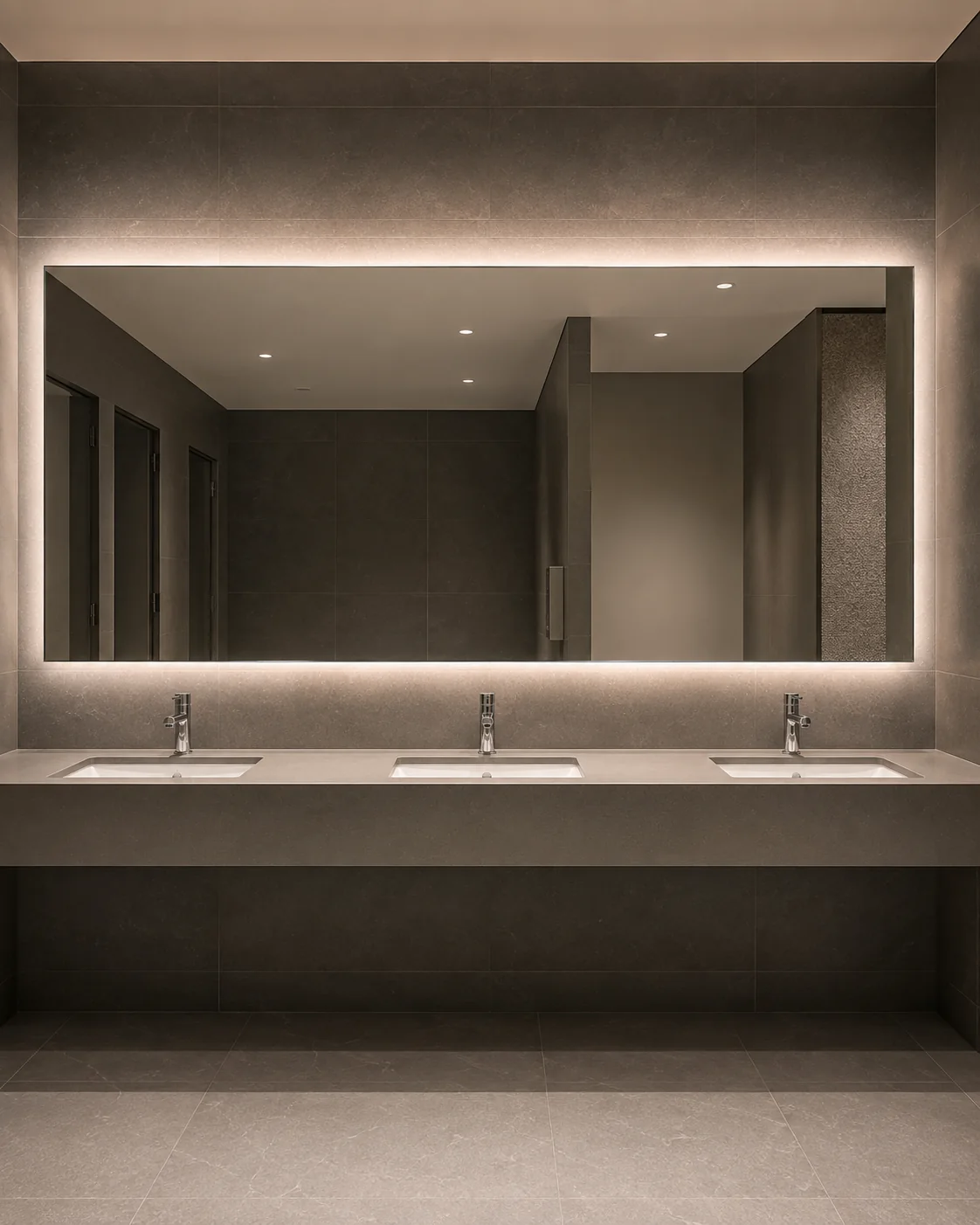 Continuous wide backlit frameless mirror serving three commercial washroom basins