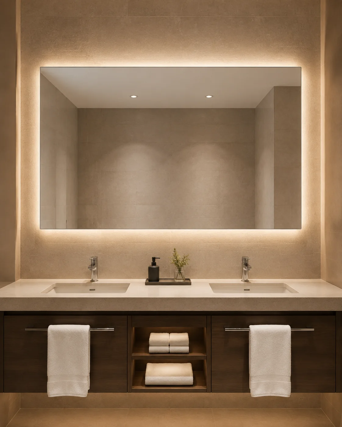 Standardized backlit frameless mirror above a hotel double vanity