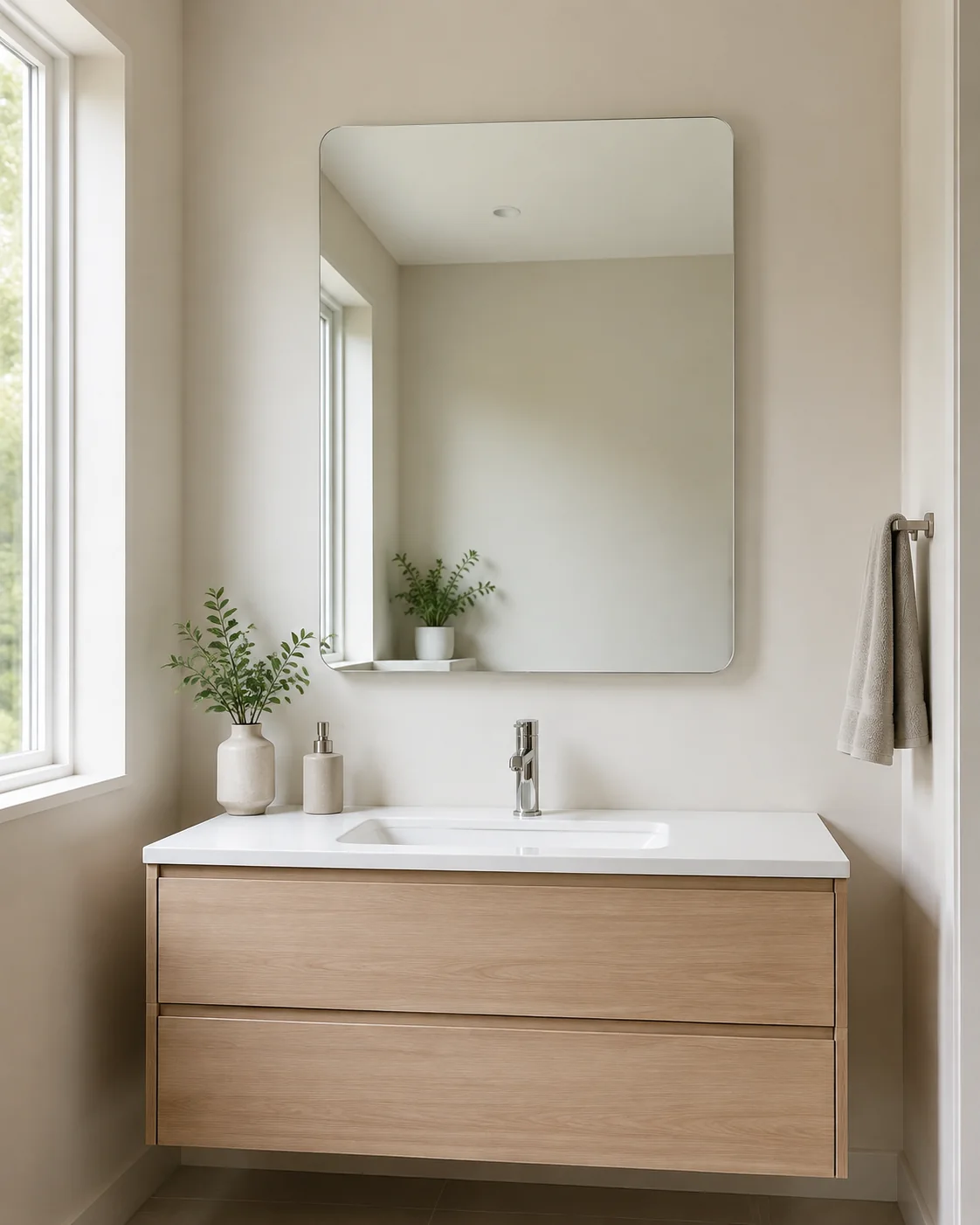 Non-lighted soft-rectangle frameless mirror in a bright apartment bathroom