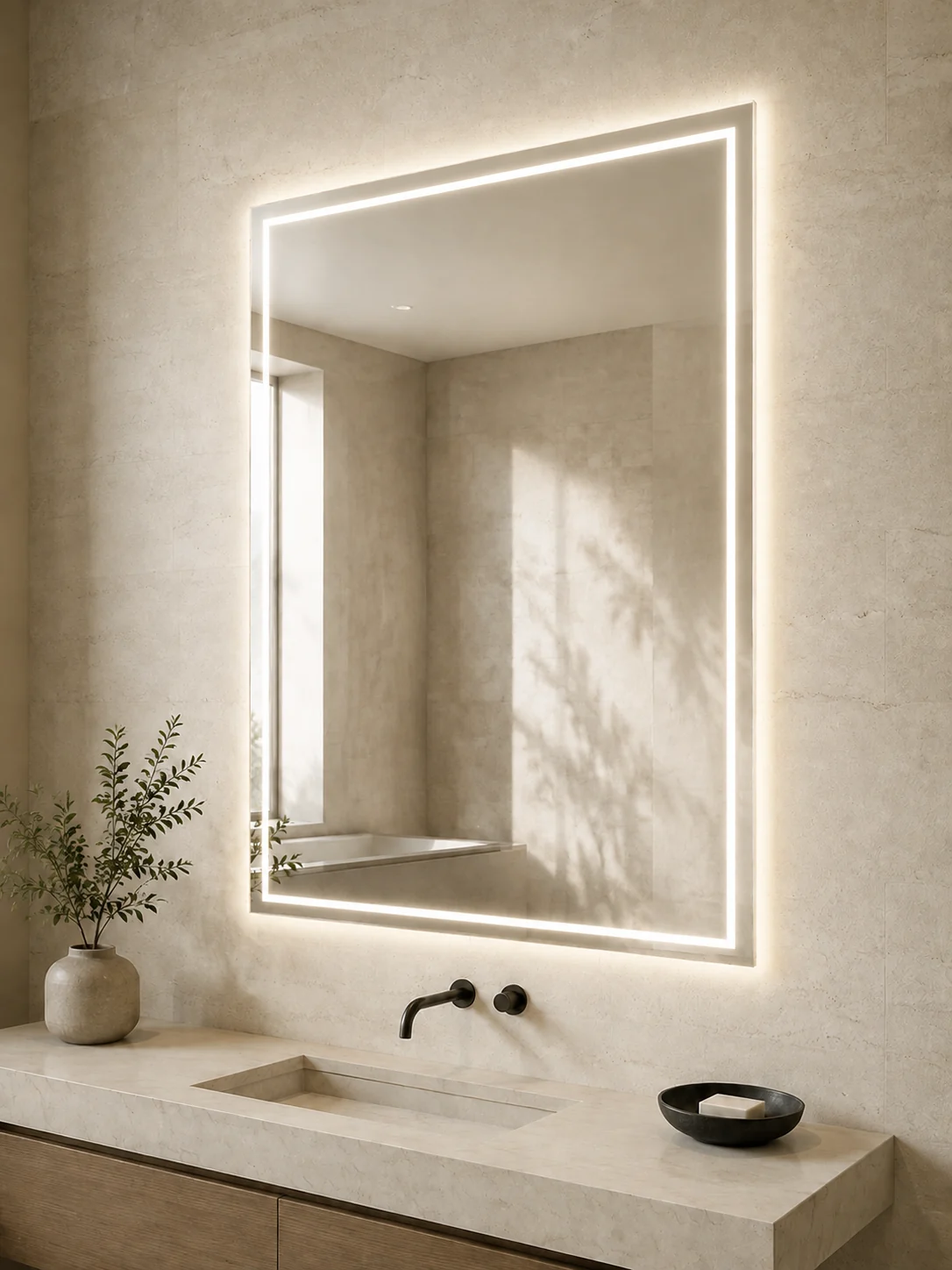 Dual-lit rectangular frameless mirror with an illuminated front band and backlit wall halo