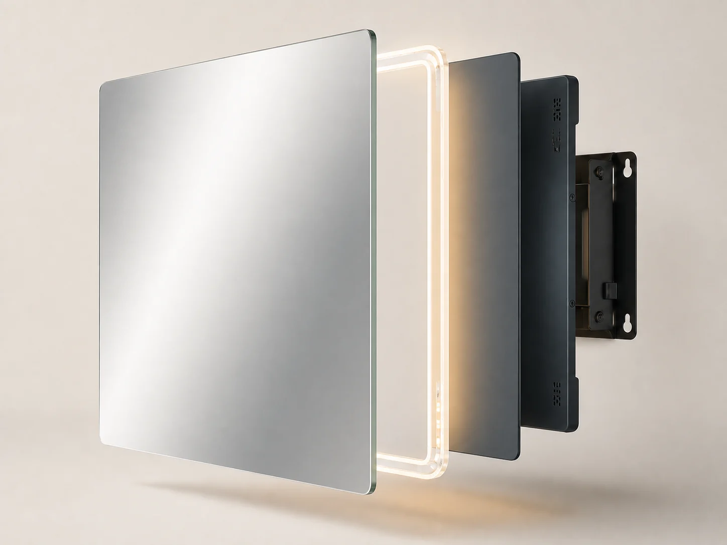 Exploded view of a frameless mirror with glass, LED layer, rear support and concealed wall mount