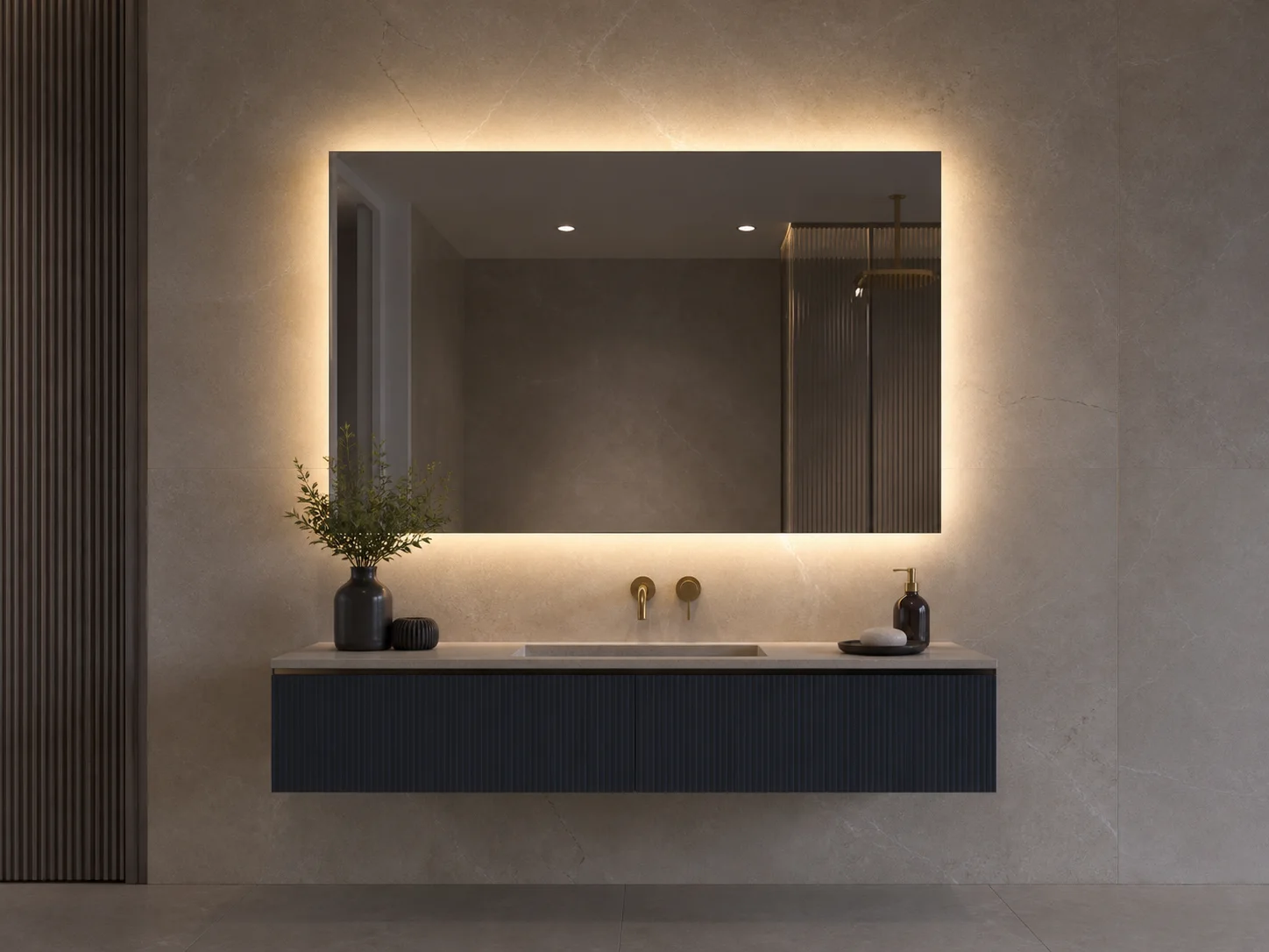 Backlit rectangular LED mirror with wall halo
