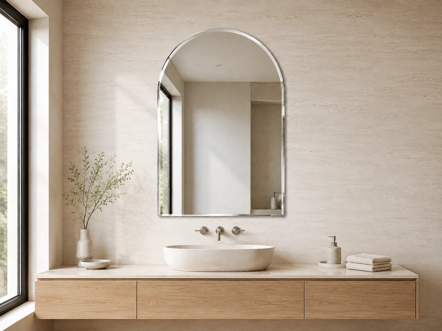 Complete arched frameless bathroom mirror with a visible beveled perimeter