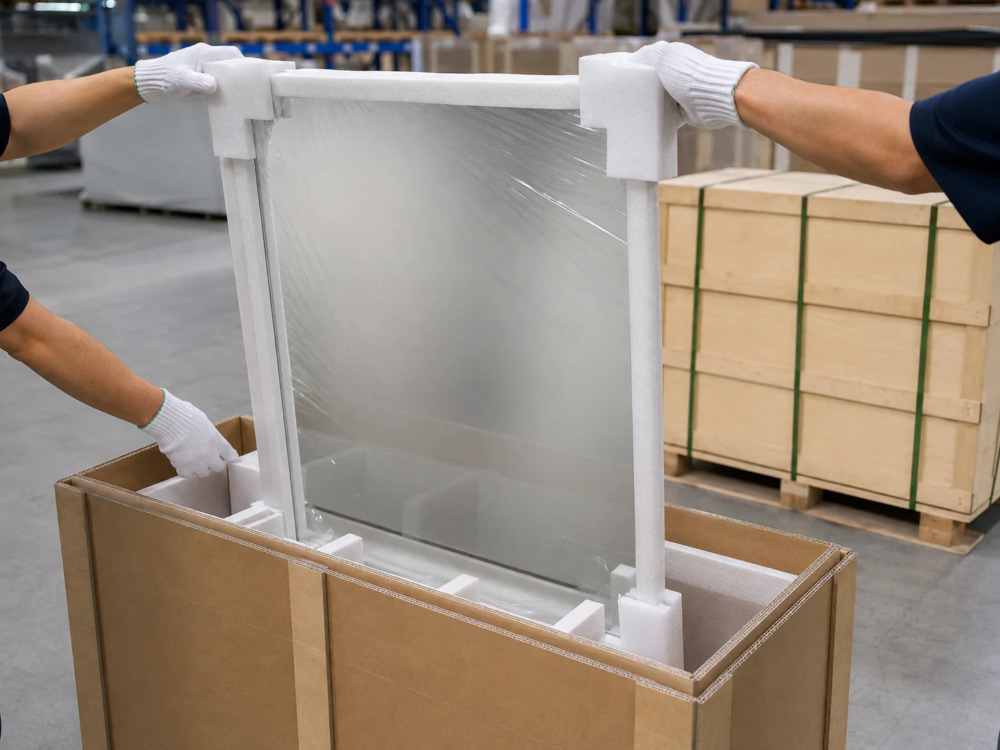 Two-person packing of a film-wrapped frameless mirror with foam guards, reinforced carton and plywood crate