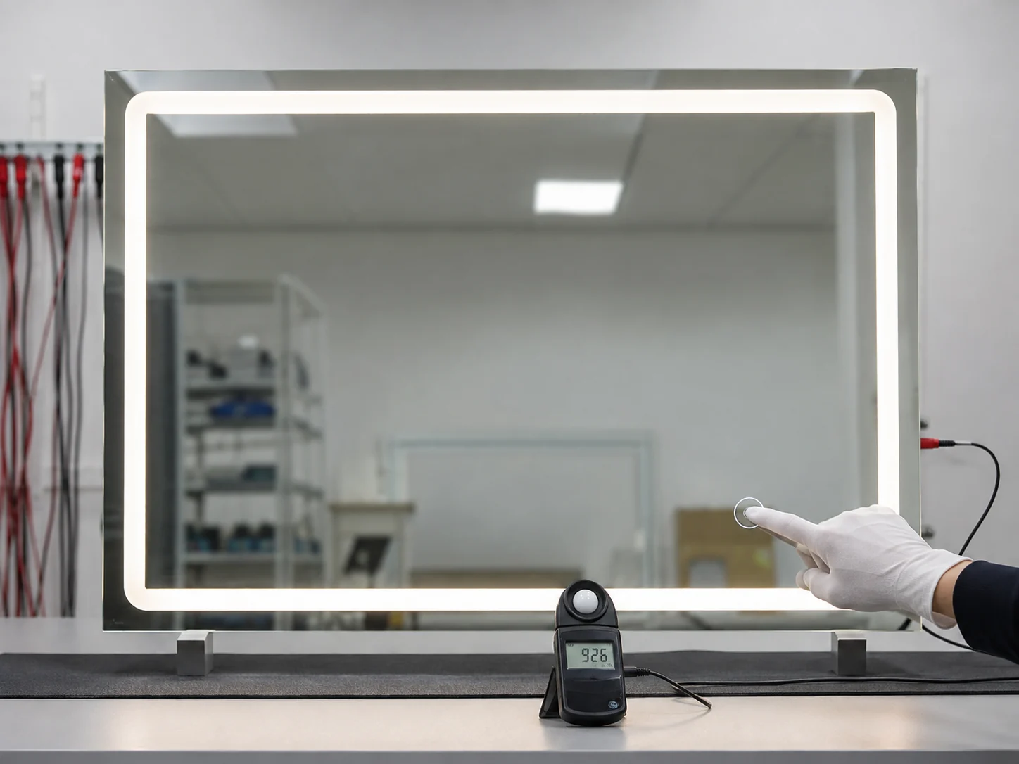 Frameless LED mirror undergoing touch-control and light-output testing at a factory station