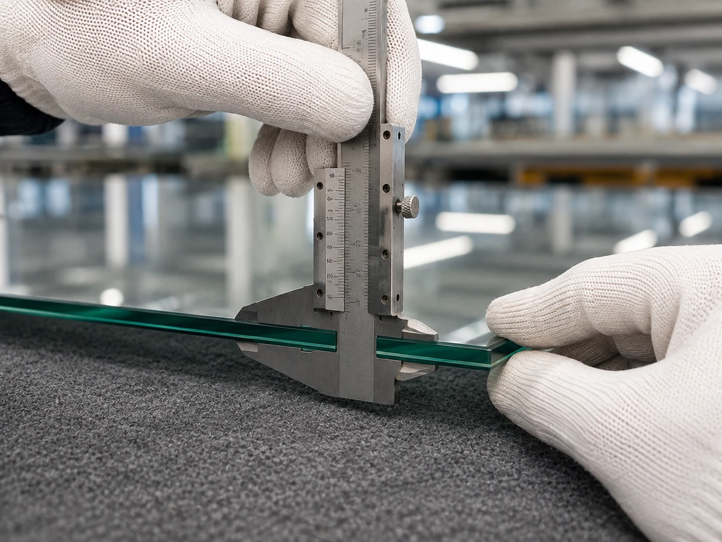 Mechanical vernier caliper jaws measuring the thickness of a frameless mirror glass sheet