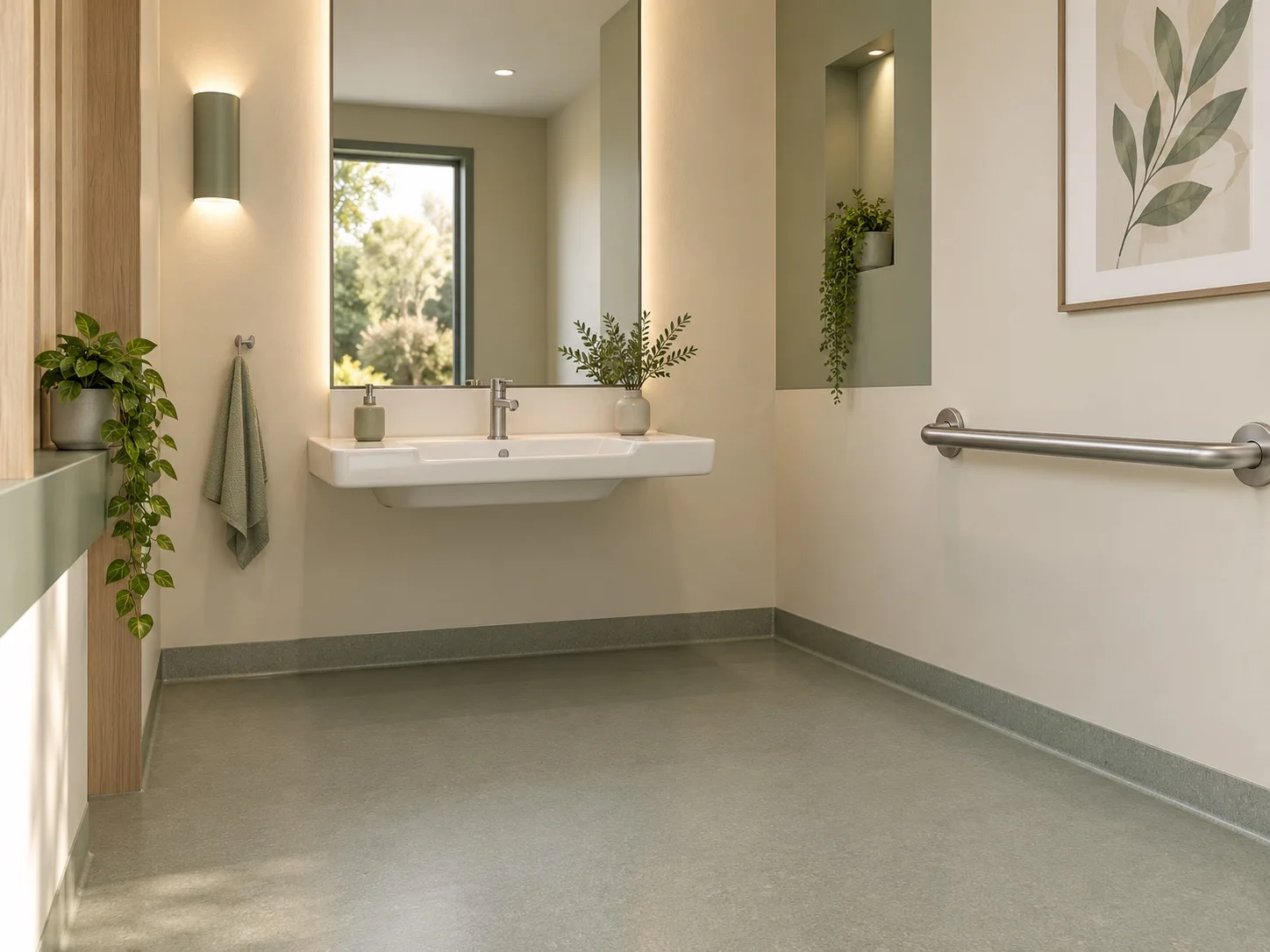 Accessible washroom design concept with a tall illuminated mirror, wall-hung basin and open approach