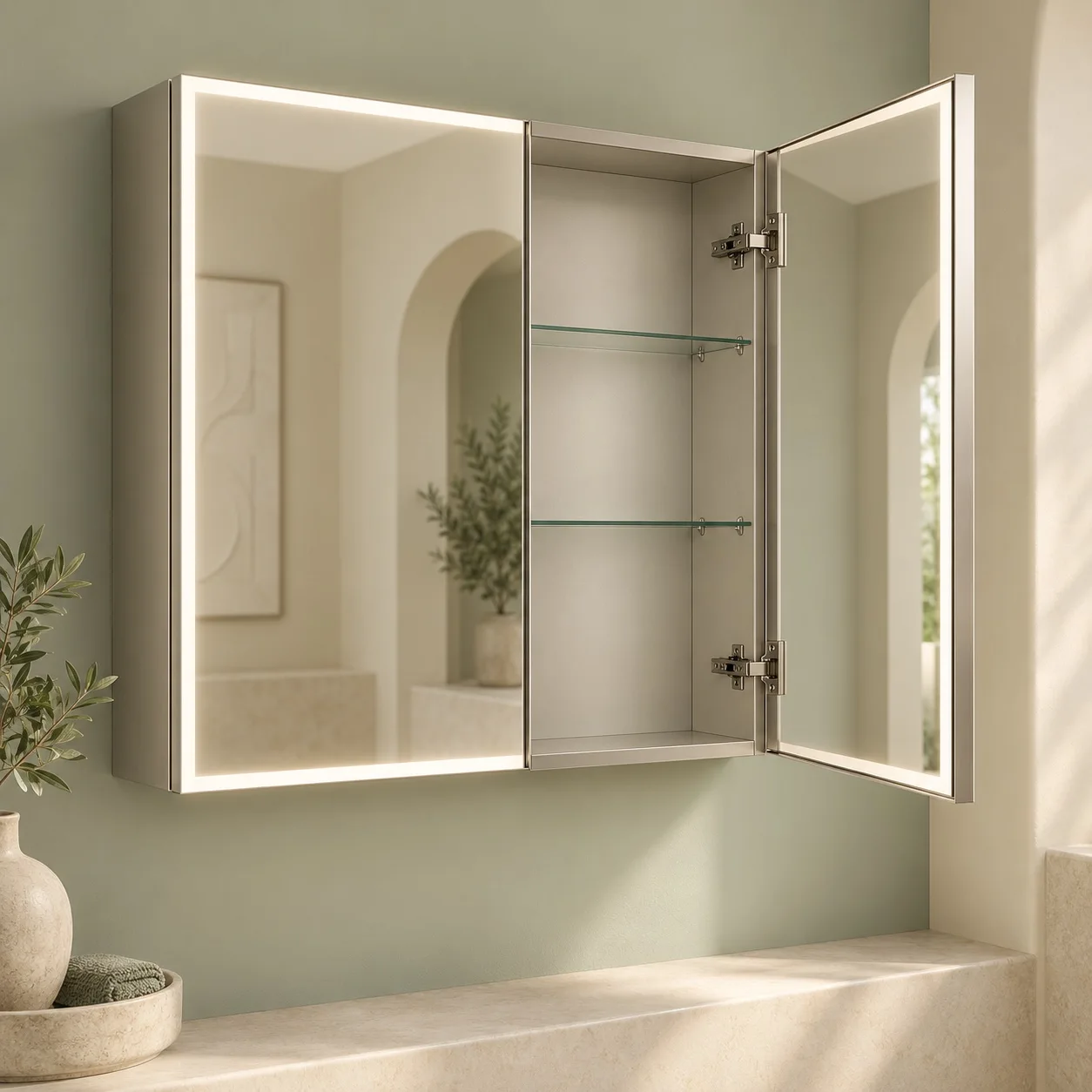 Concept of a mirrored cabinet with one door open to show shelves and cabinet depth