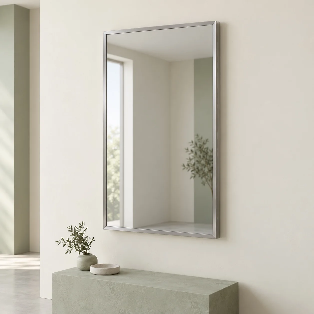Concept of an unlit satin-metal framed mirror in a healthcare support washroom
