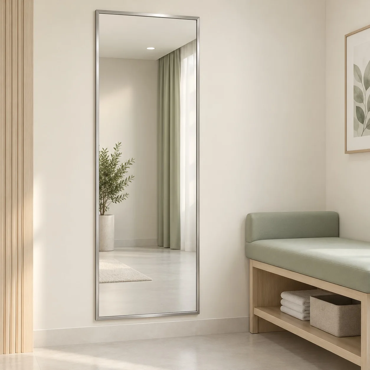 Concept of a complete full-length framed mirror in a calm changing space