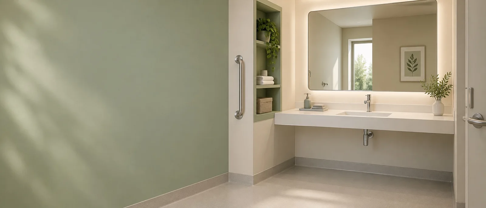 Design concept of a softly illuminated mirror above a wall-hung basin in a calm healthcare washroom