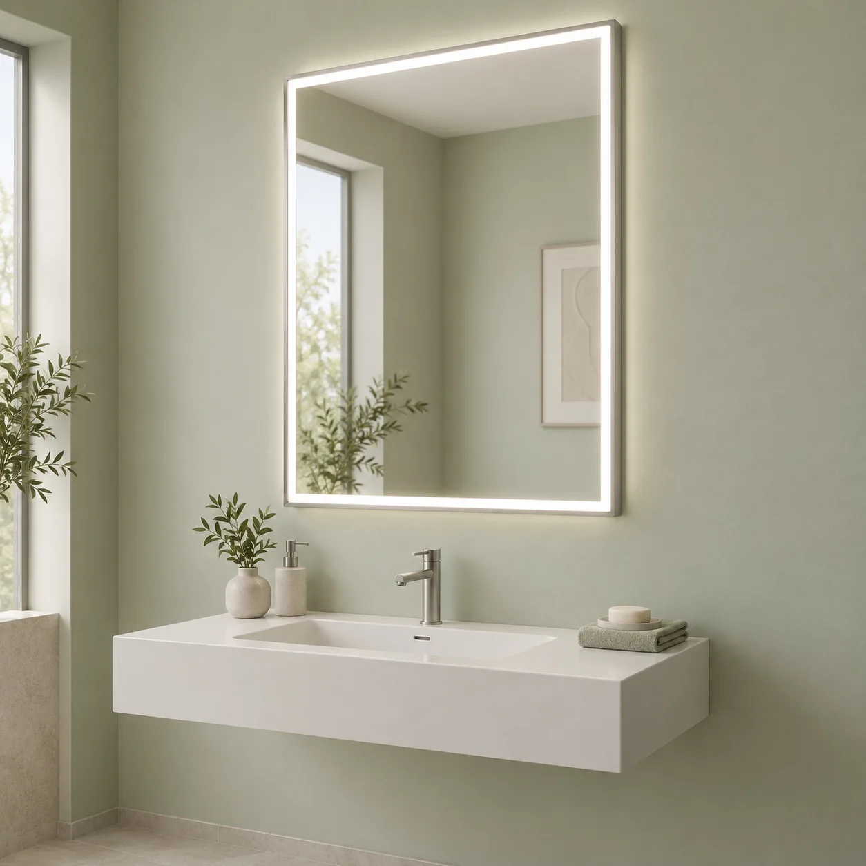 Concept of a softly illuminated LED wall mirror above a healthcare washbasin