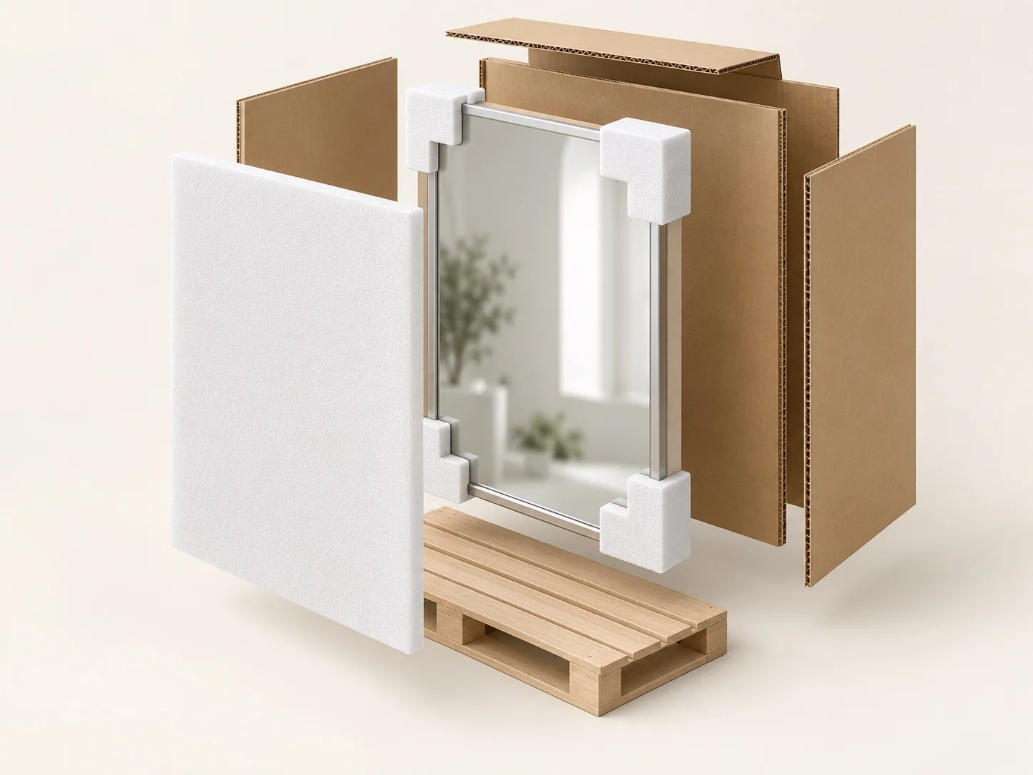 3D packaging illustration showing a mirror, protective foam and corrugated carton layers