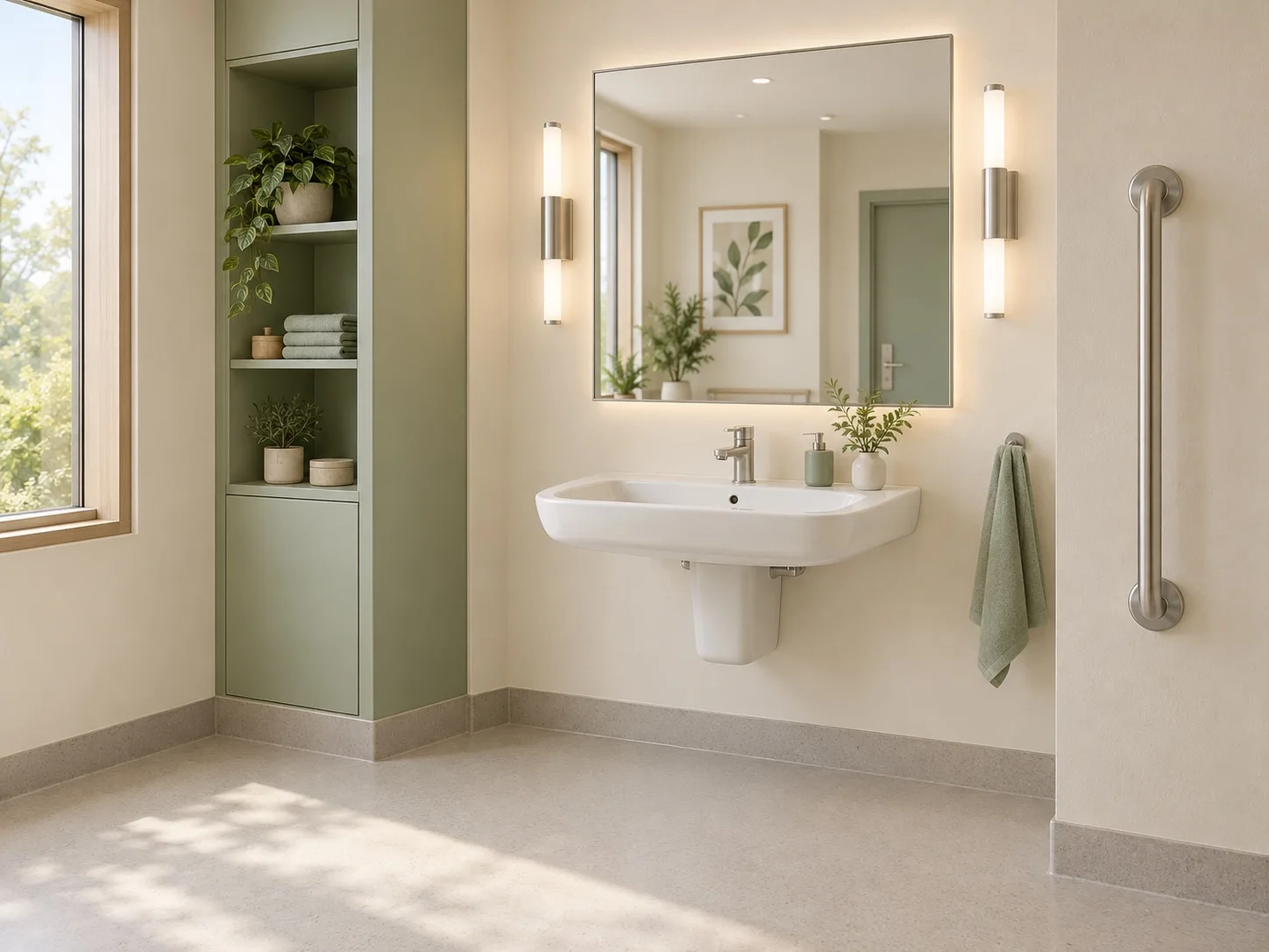 Patient ensuite design concept with a softly illuminated mirror above a wall-hung basin