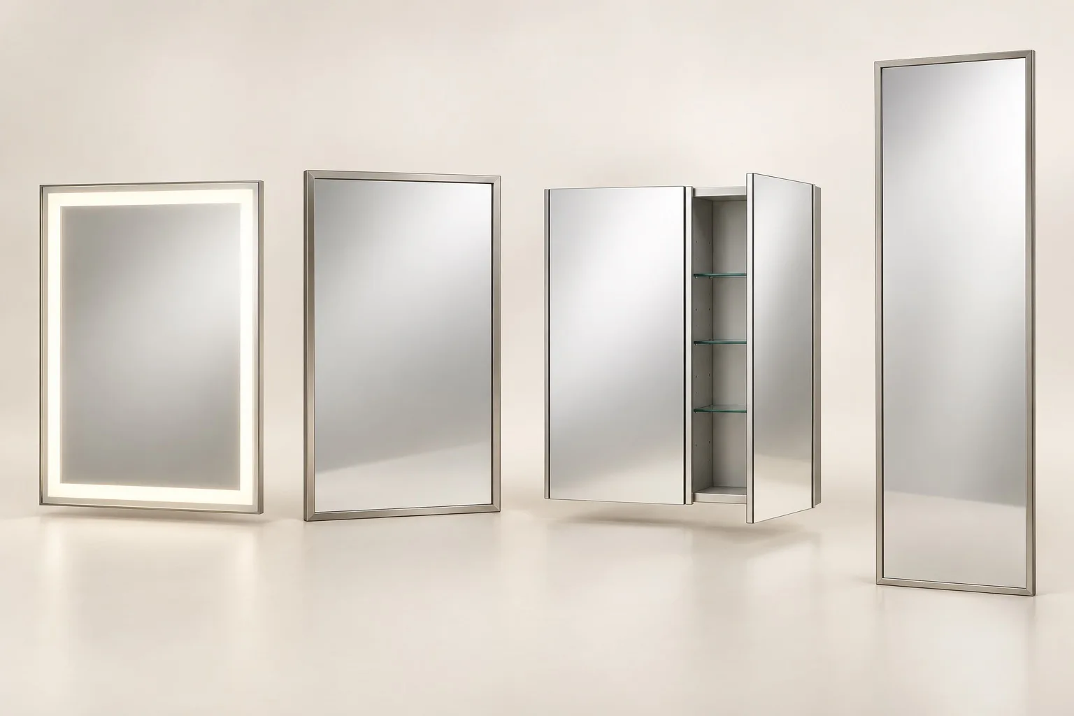 3D concept comparison of an LED wall mirror, unlit framed mirror, two-door mirror cabinet and full-length mirror