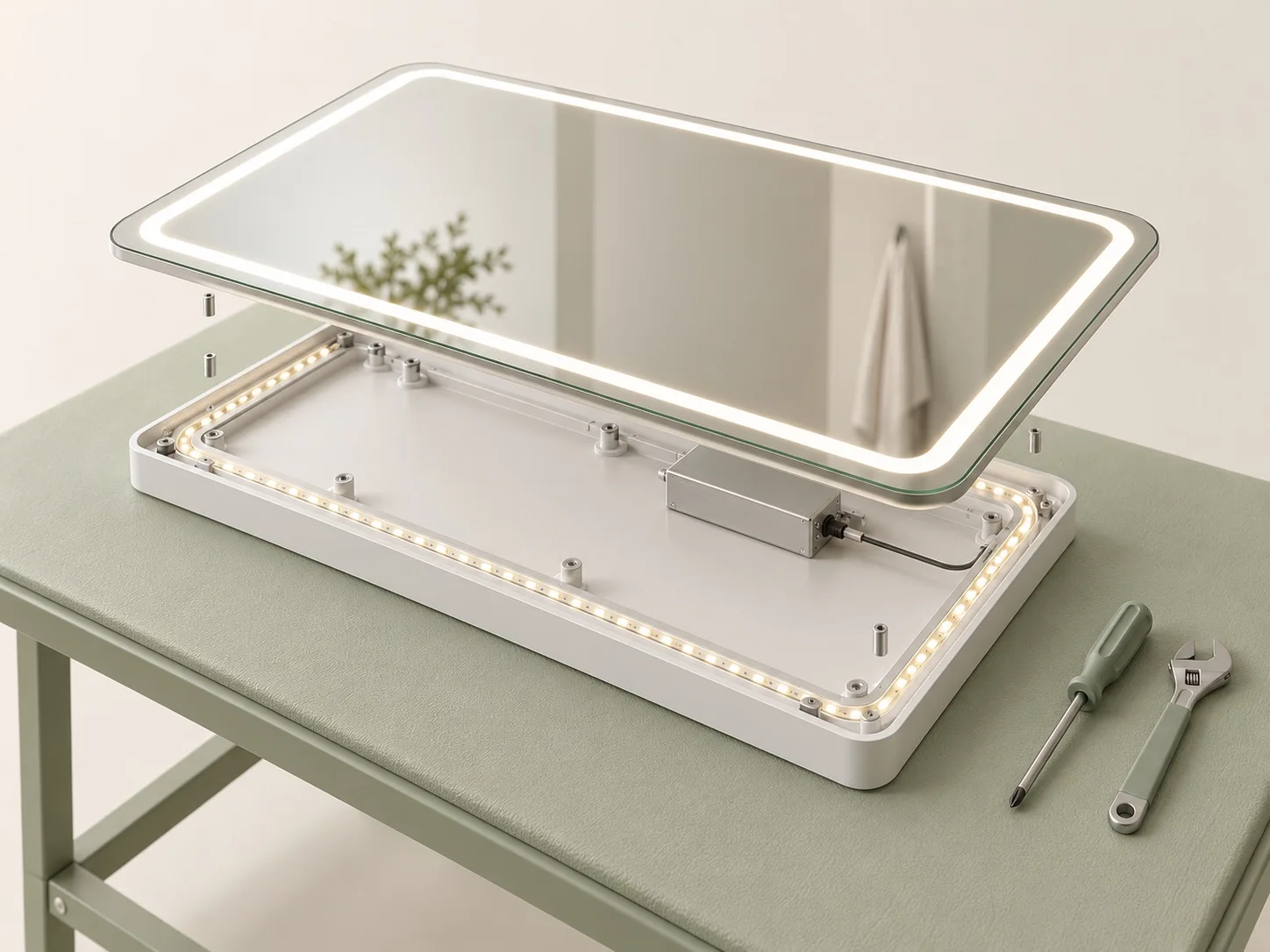 3D assembly illustration of an LED mirror face separated from its rear chassis on a workbench