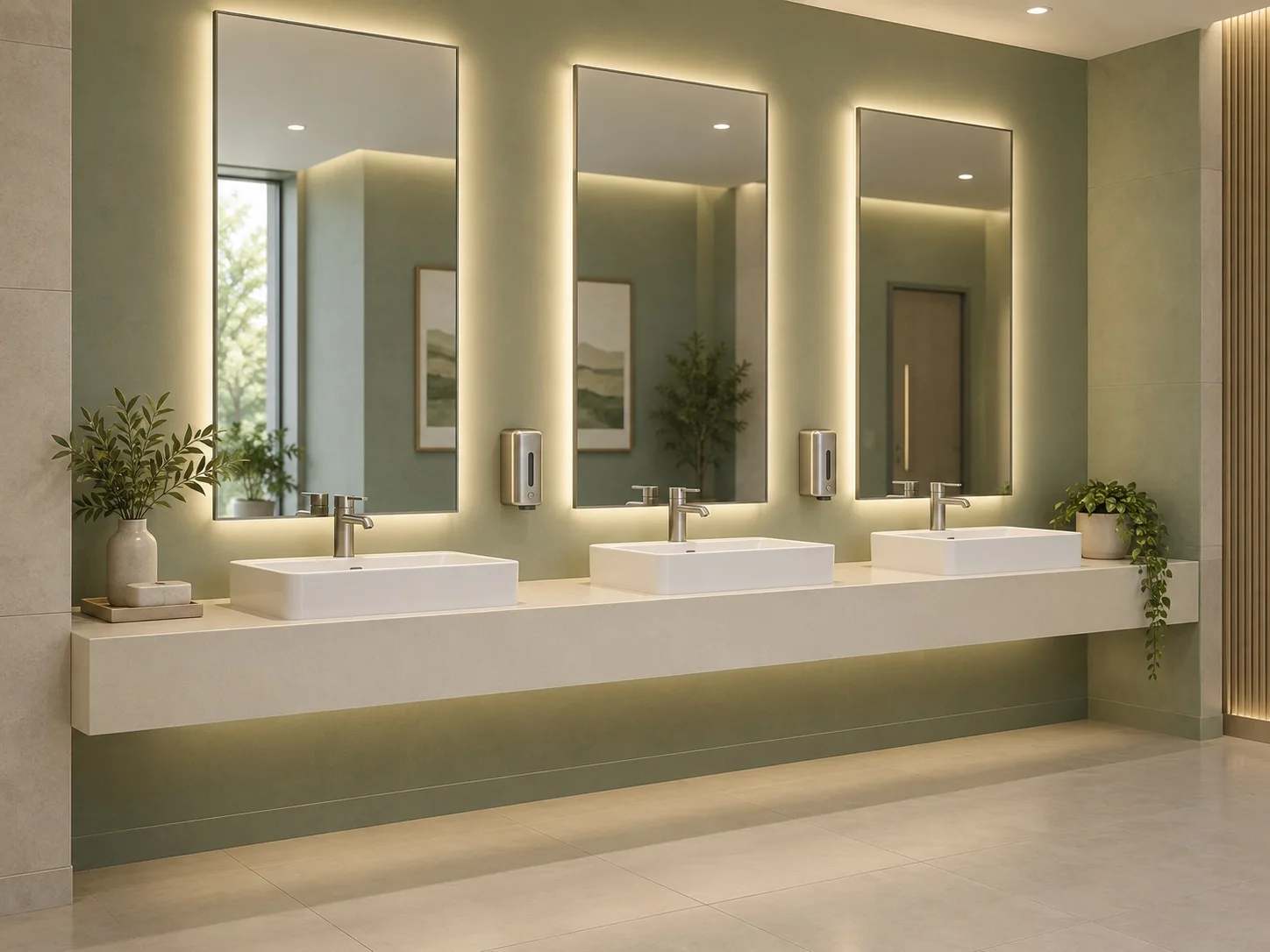 Clinic washroom design concept with three coordinated illuminated mirrors above a shared counter