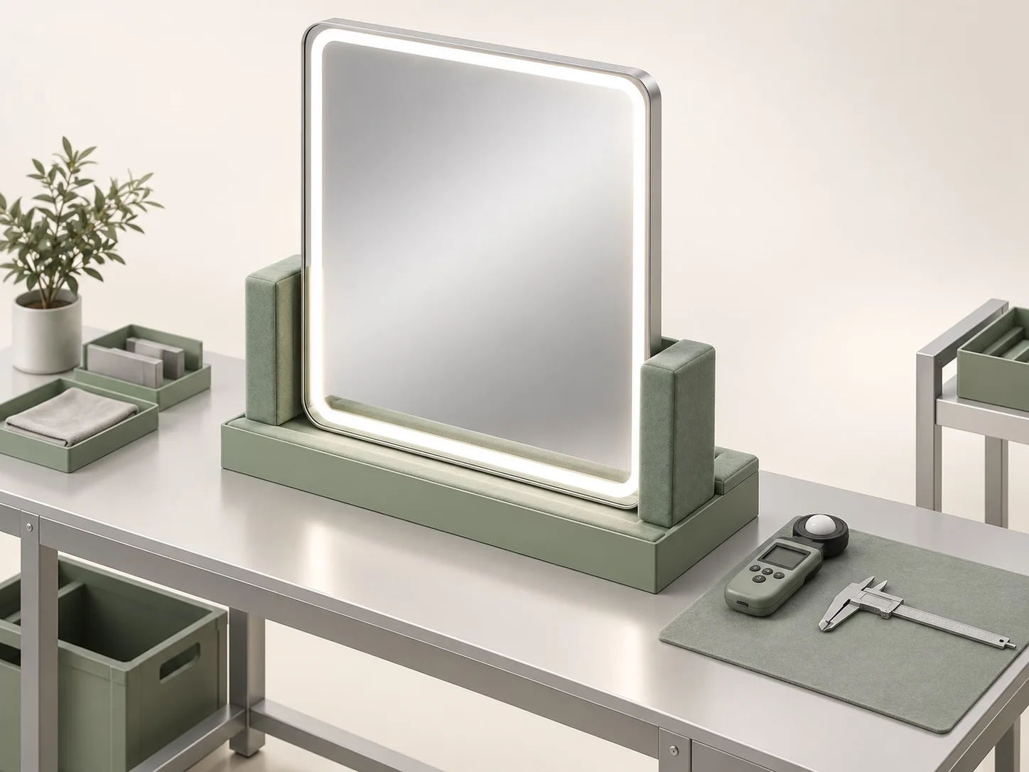 3D inspection illustration of an illuminated mirror in a padded cradle with measuring tools