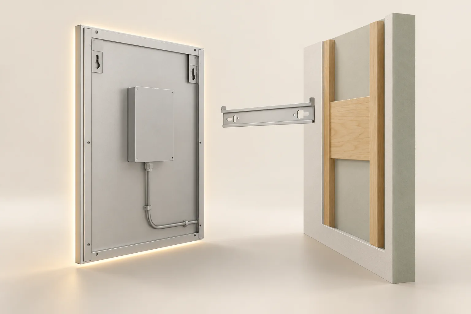 Generic 3D design study of a hospital mirror rear chassis, closed service enclosure and wall backing interface