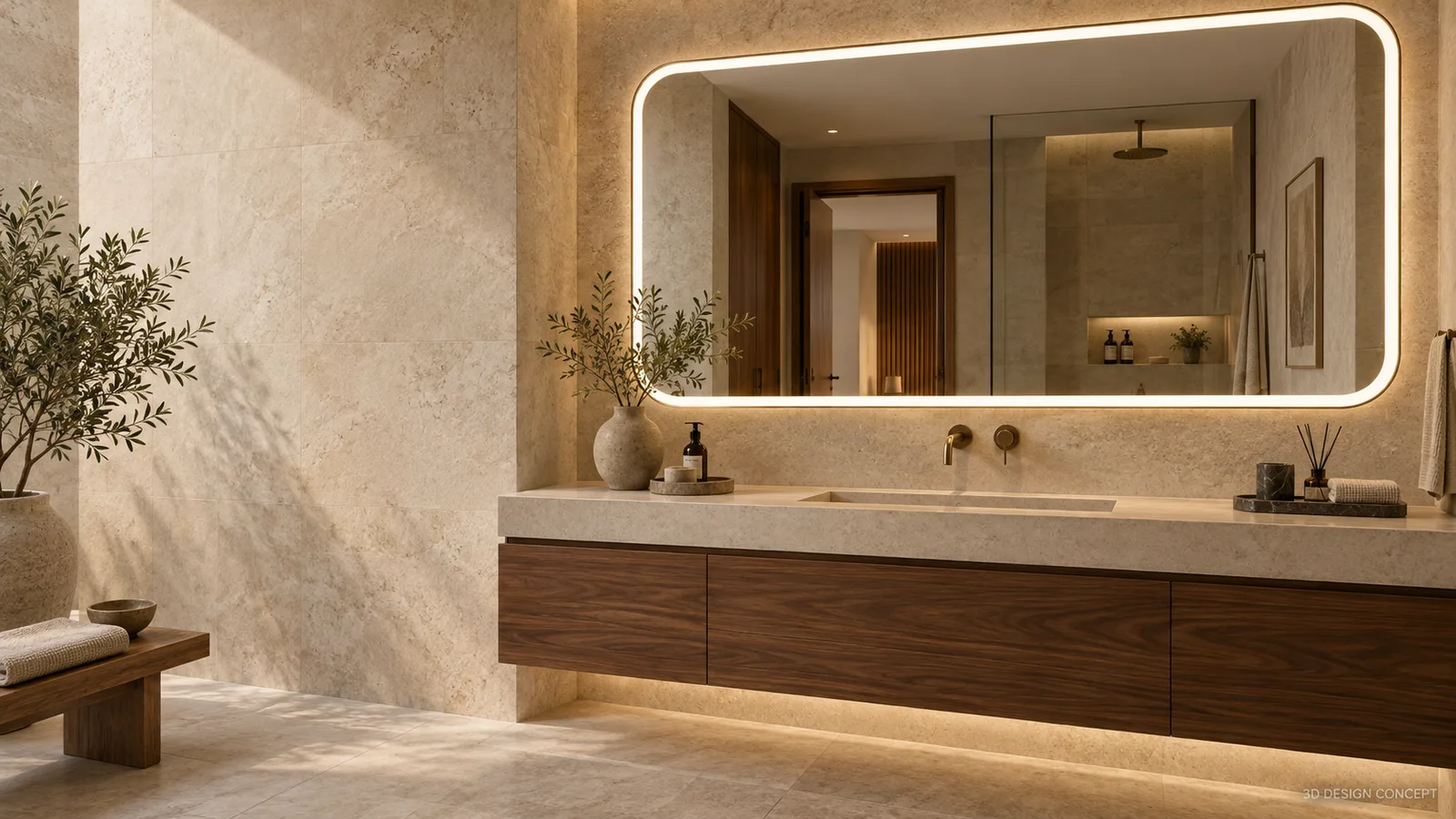 3D design concept of an illuminated hotel bathroom mirror