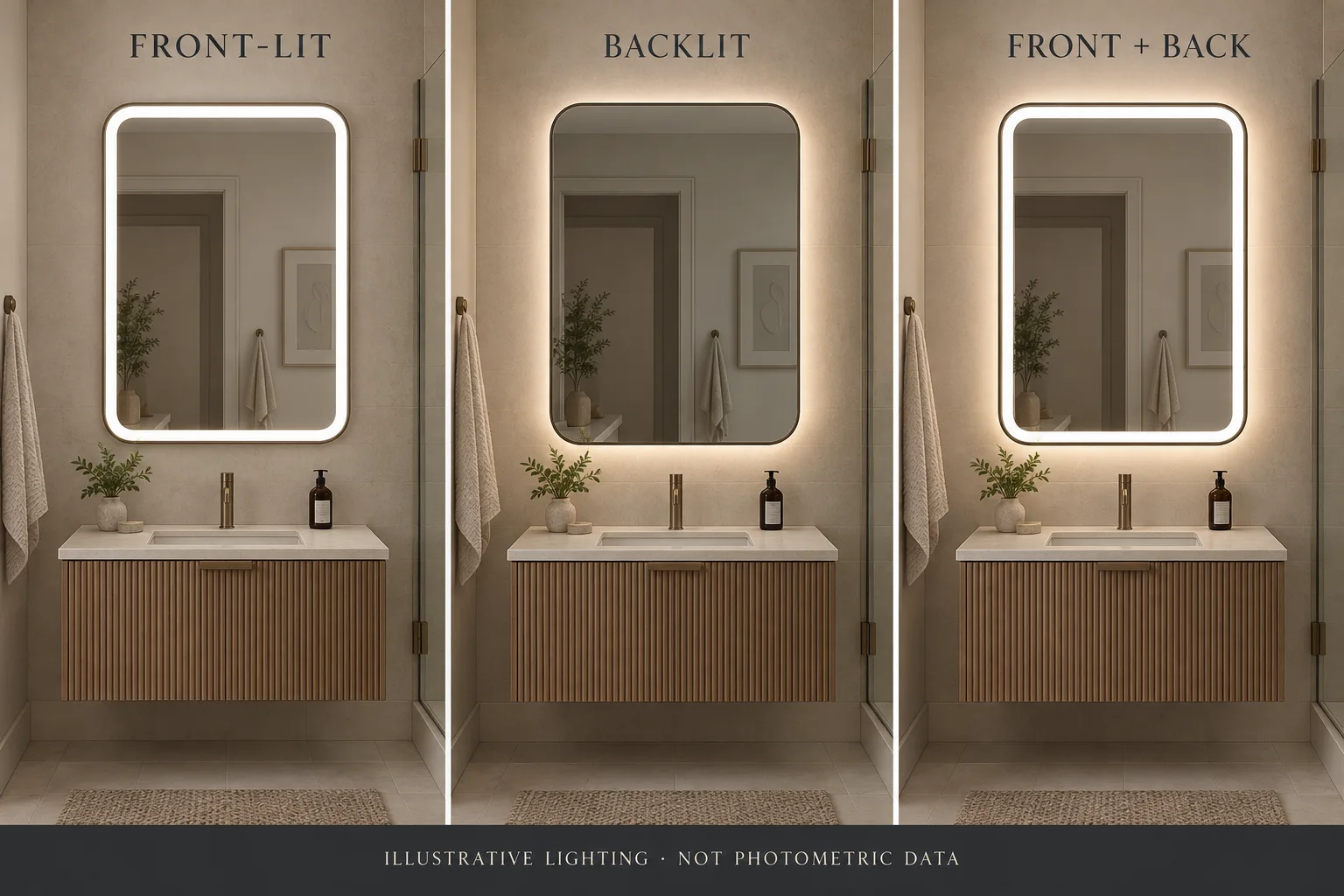 Illustrative comparison of front-lit, backlit and combined mirror lighting