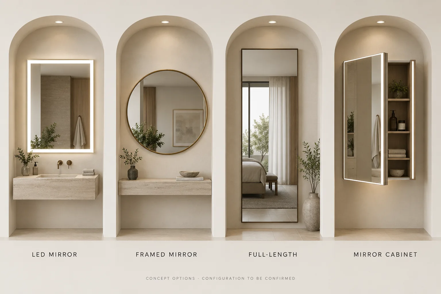 Concept comparison of LED, framed, full-length and mirror cabinet families for hospitality interiors