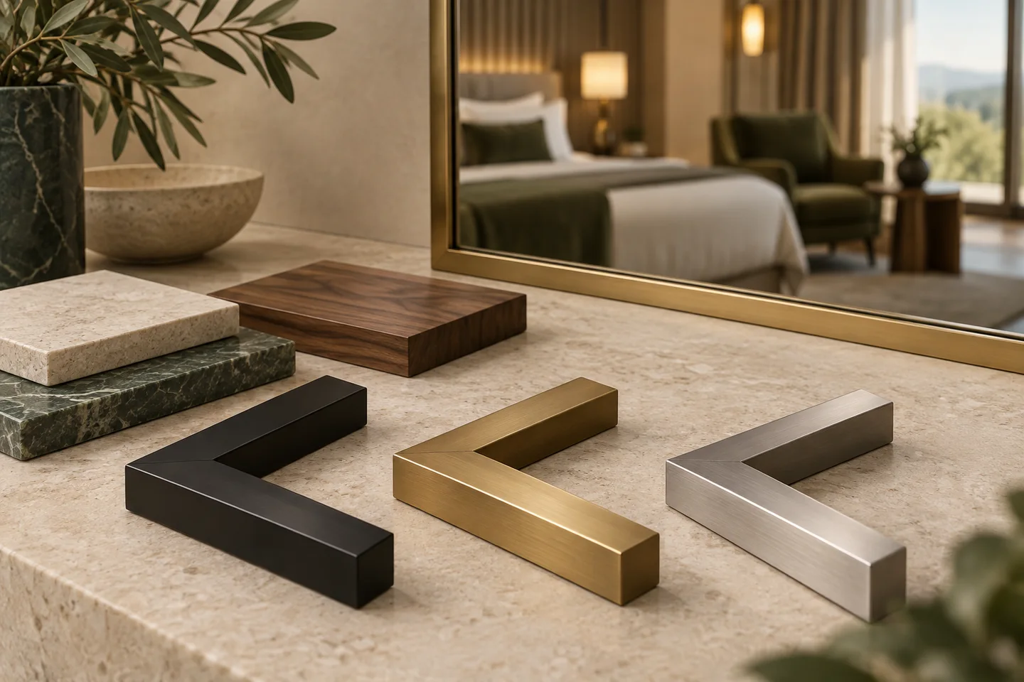 3D design concept comparing mirror frame corners with stone and walnut material references