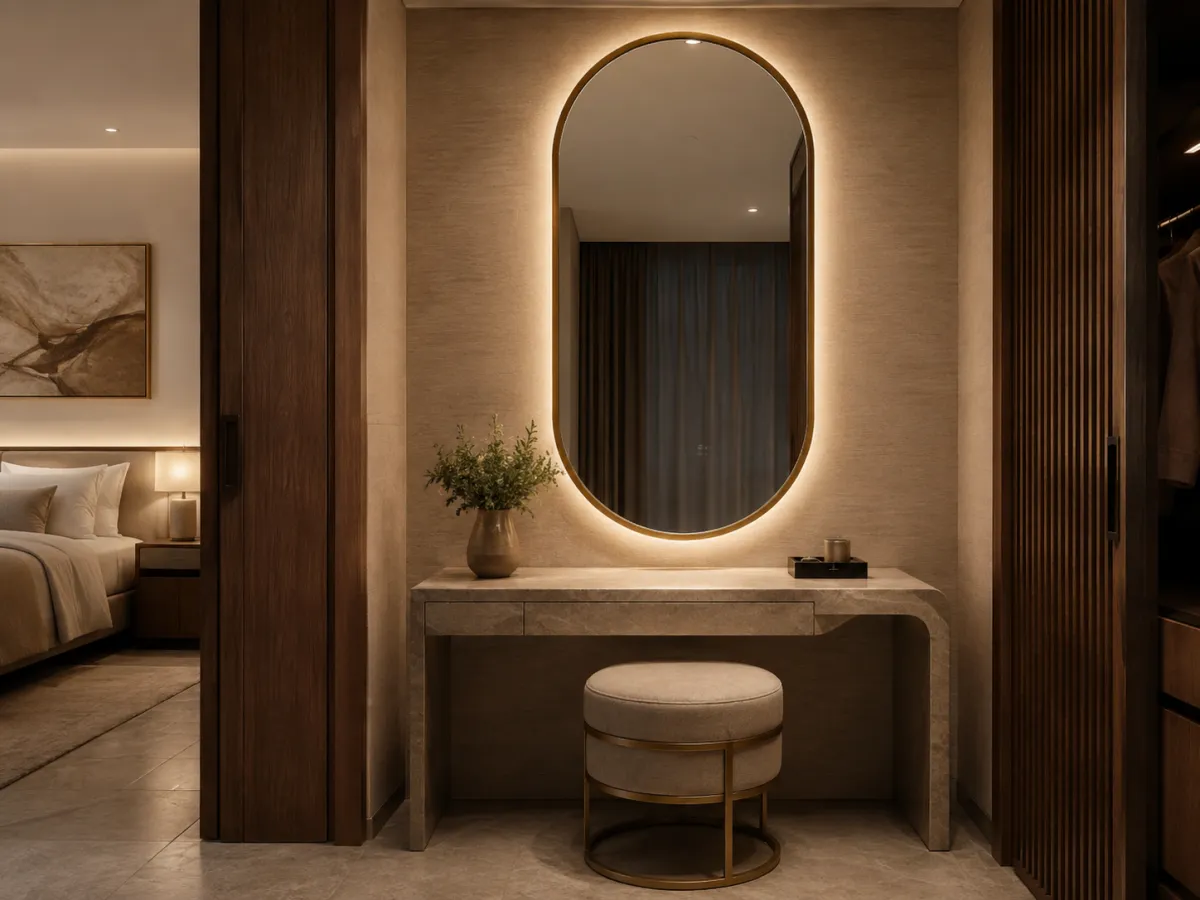 Illuminated pill-shaped vanity mirror in a hotel suite dressing area