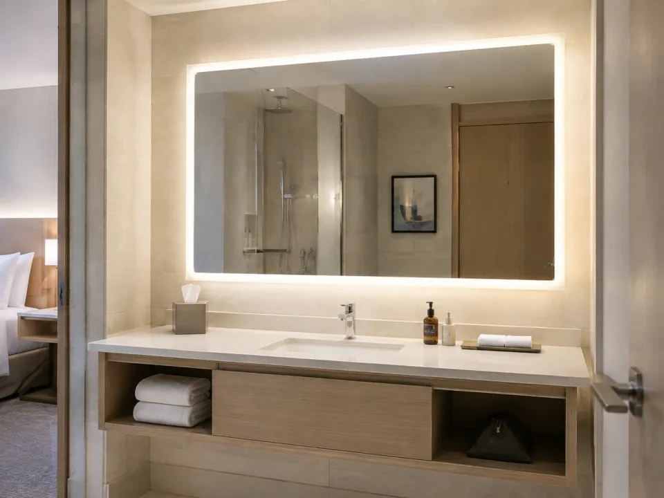 Design visualization of a backlit mirror in a standard hotel guest bathroom
