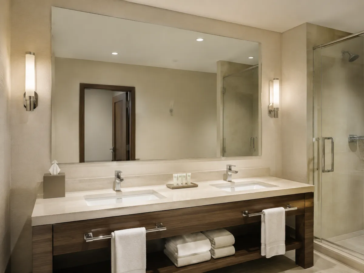 Large frameless mirror in a standard hotel bathroom