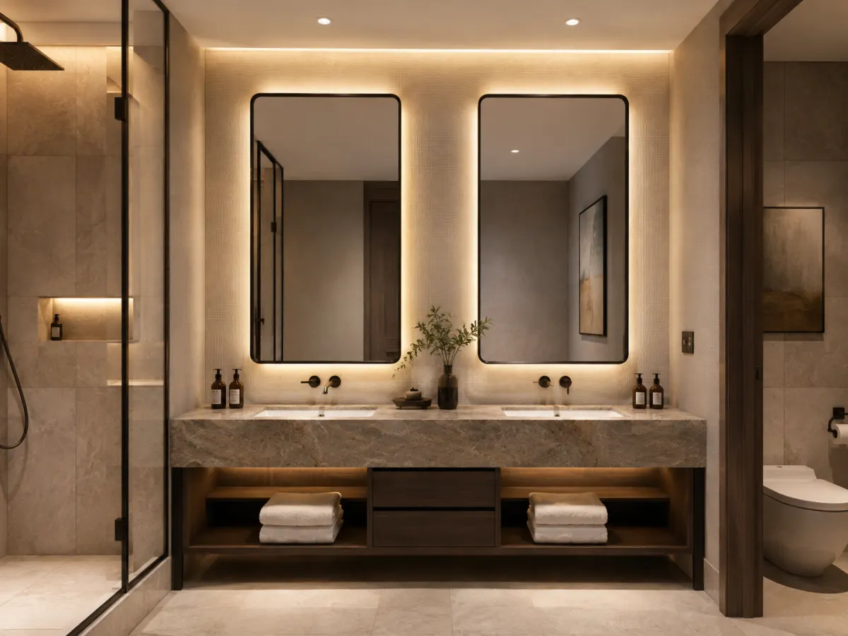 Design visualization of matching mirrors in a hotel guest room bathroom