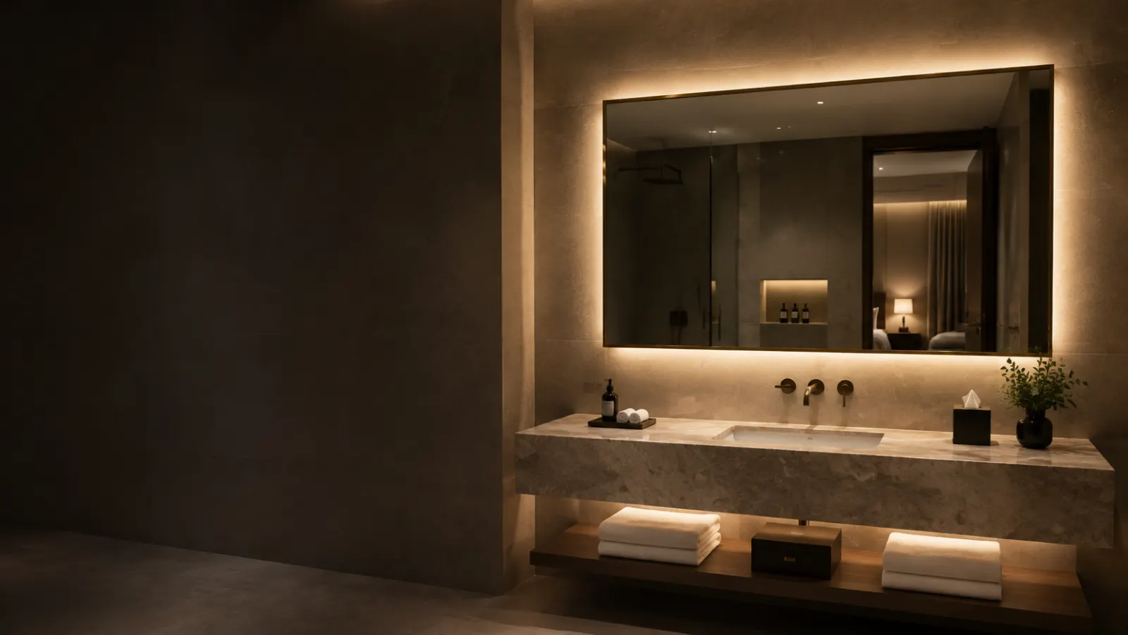 Design visualization of an illuminated bathroom mirror in a modern hotel guest room