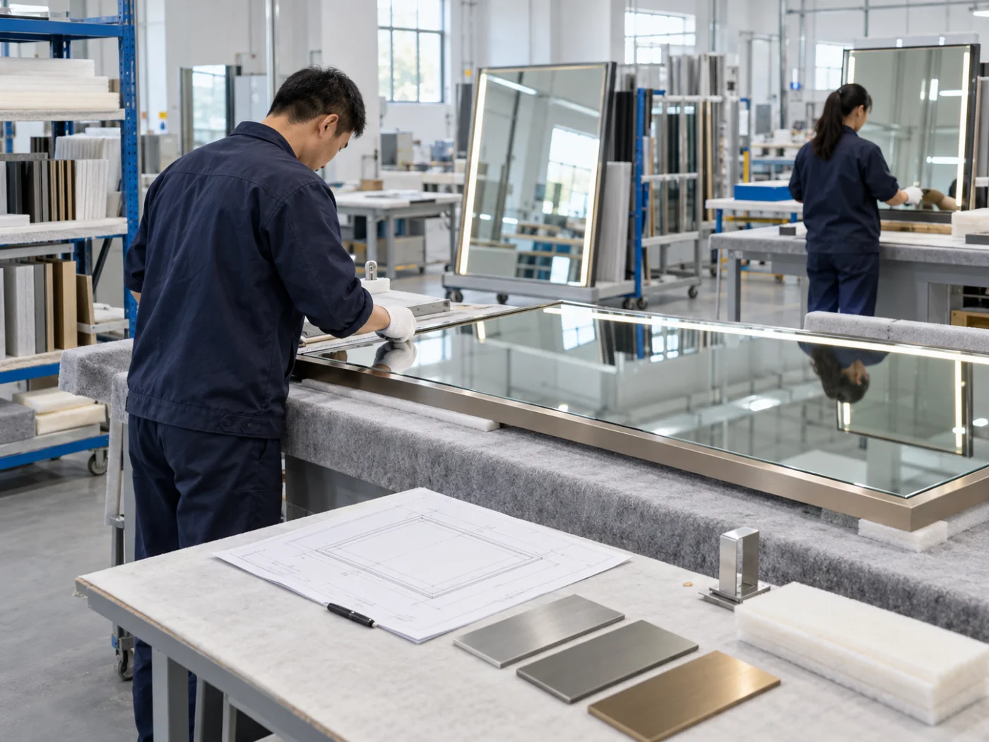Design visualization of hotel mirror production coordination with drawing and finish checks