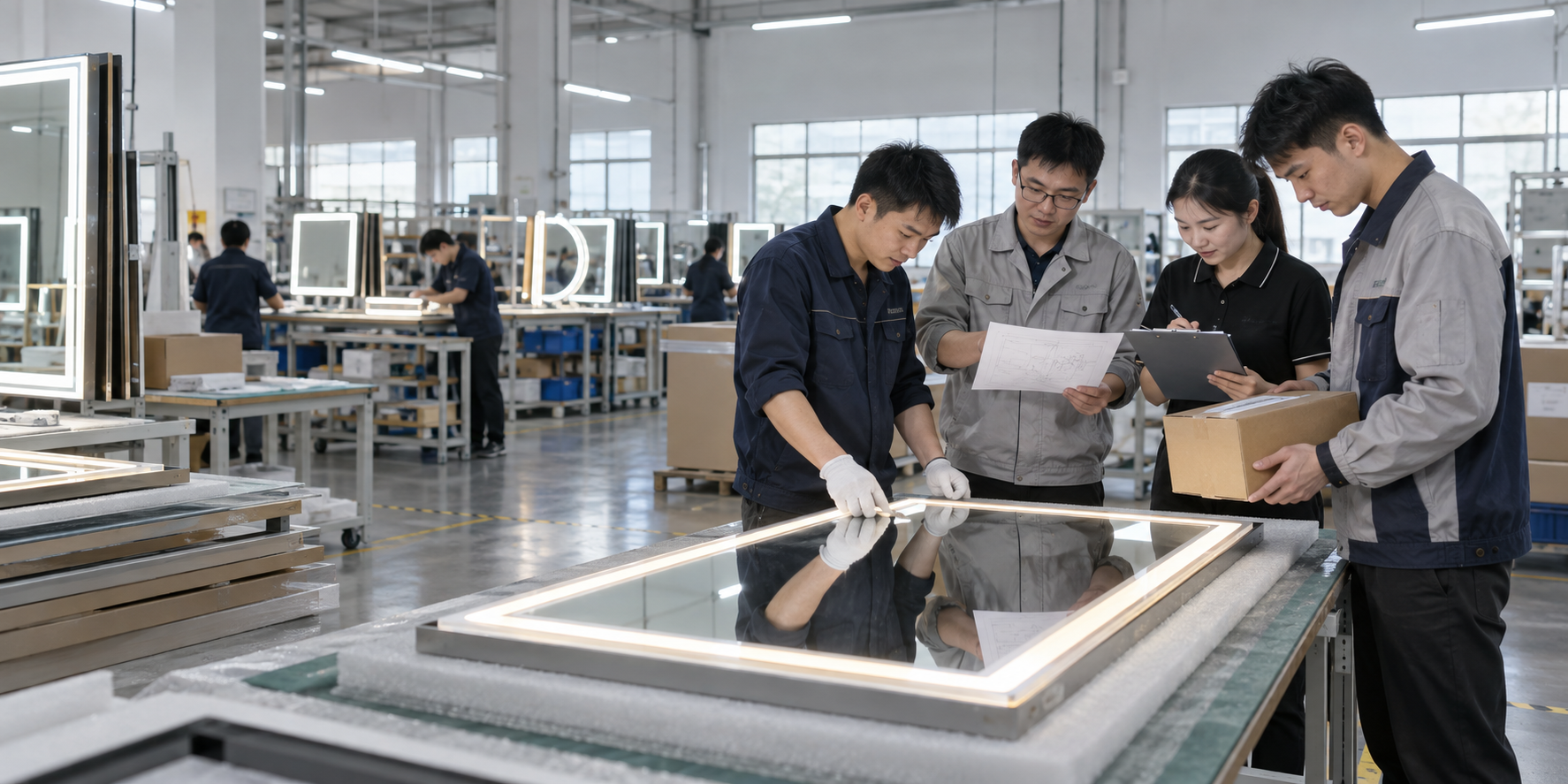 Chinese engineering, production, quality, and logistics team reviewing an LED mirror project
