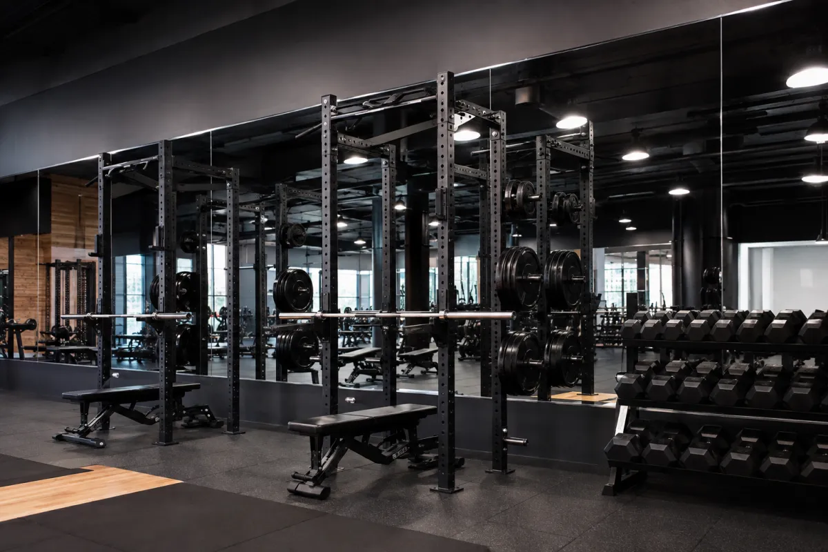 Commercial free-weight zone with large gym wall mirrors
